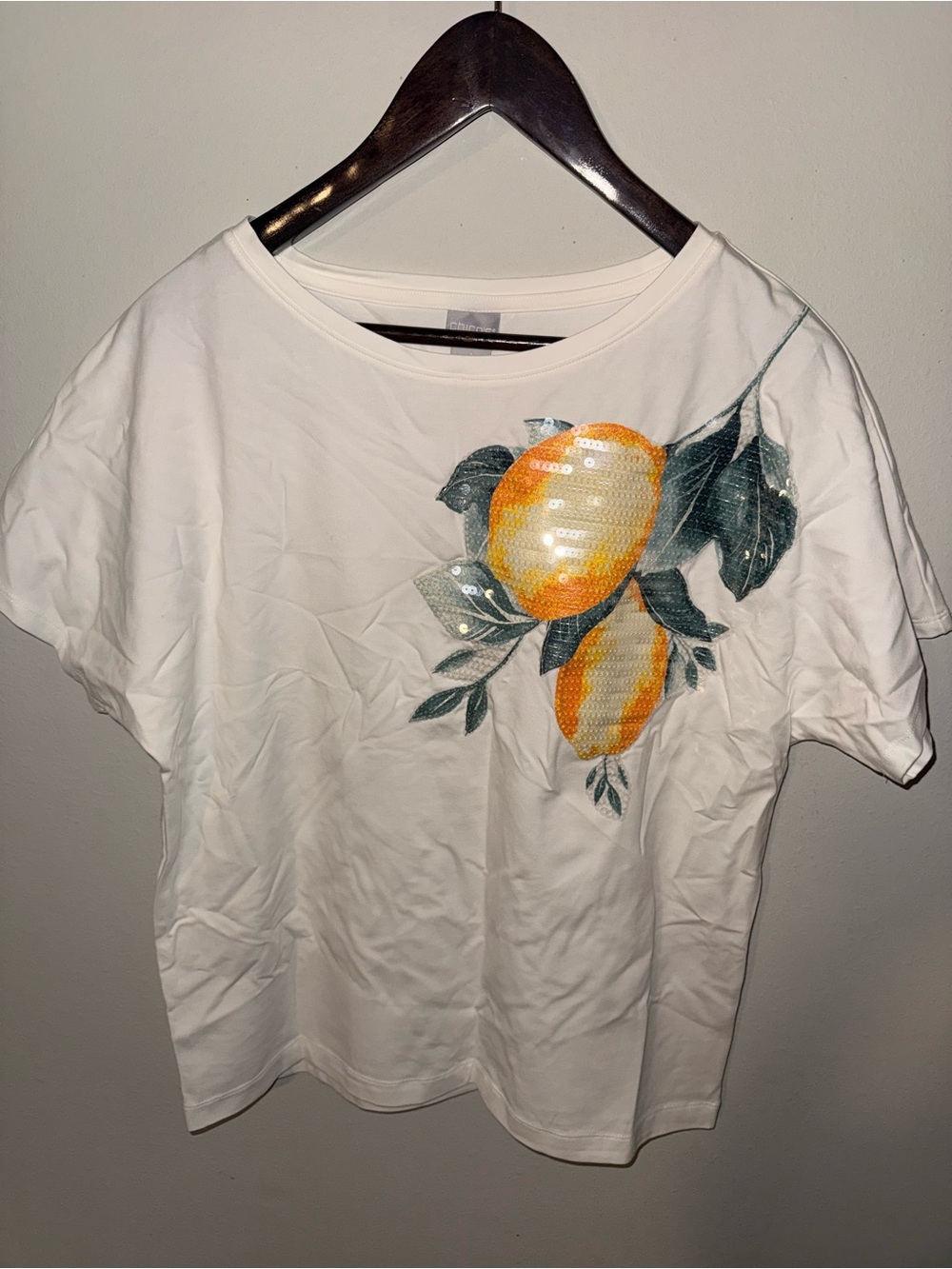 Chico's White Short-Sleeve Tee with Sequined Lemon Design